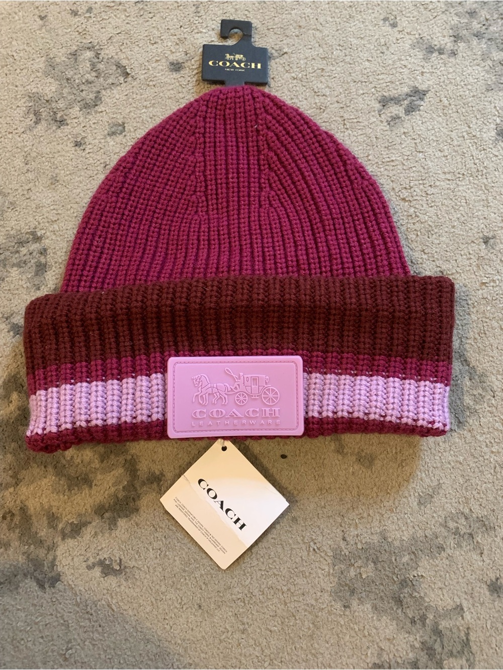 Coach Varsity Stripe Patch Beanie in Deep Plum & Light Pink